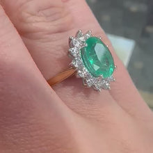 Load and play video in Gallery viewer, Natural Fine Quality Oval Emerald & Diamond 18ct Yellow Gold Ring - Product Code - R162