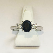 Load image into Gallery viewer, Diamond and Sapphire White Gold Trilogy Ring