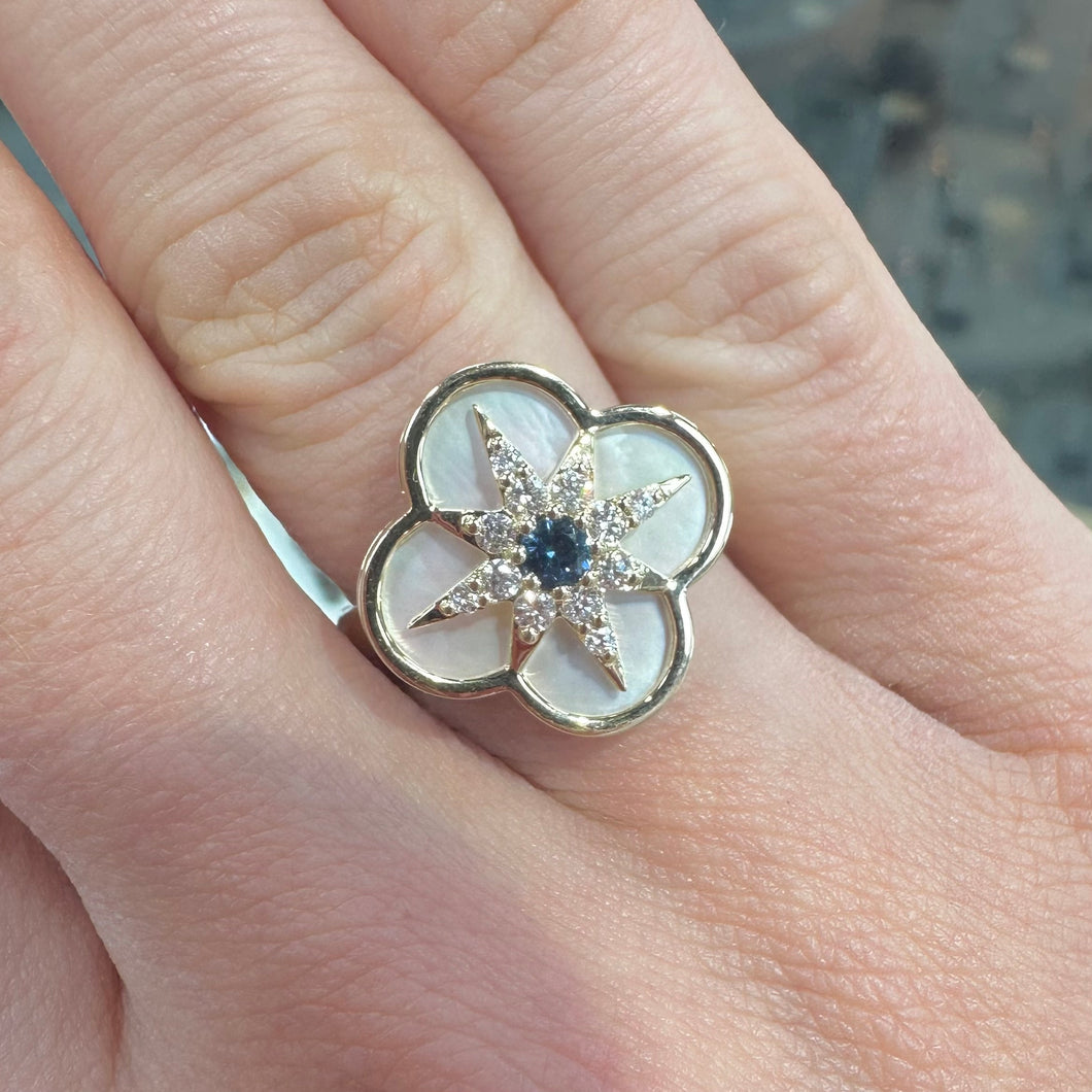 Sapphire, Diamond & Mother of Pearl Clover Shaped Ring - Product Code - R172