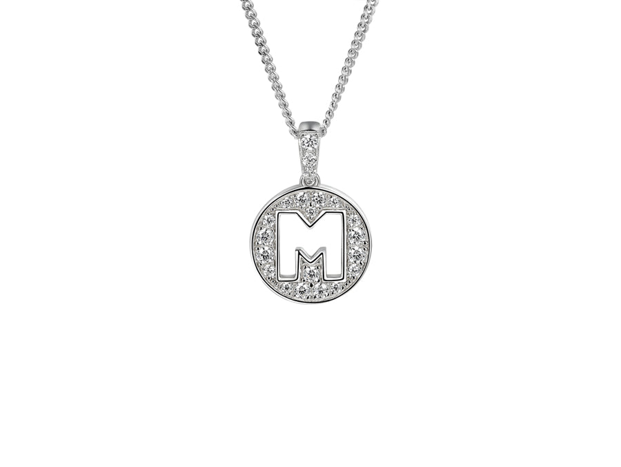Stone Set Initial M Pendant on Adjustable Silver Chain - Product Code - 9360SILCZ-M