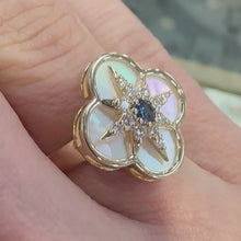 Load and play video in Gallery viewer, Sapphire, Diamond &amp; Mother of Pearl Clover Shaped Ring - Product Code - R172
