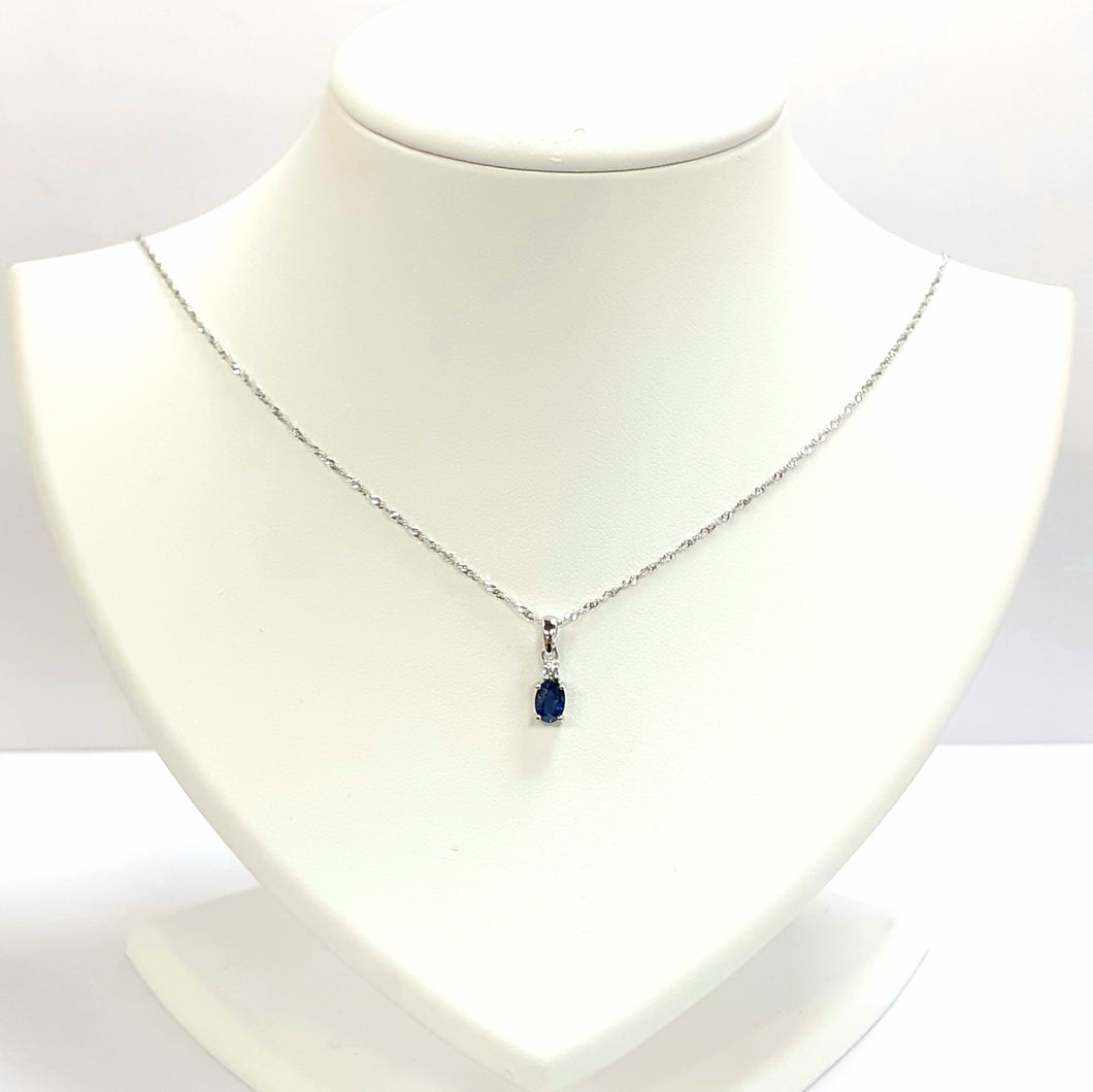 9ct White Gold Sapphire & Diamond Pendant With Chain - VX756 & G287