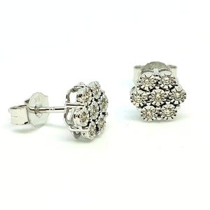 9ct White Gold Halo Cluster Design Diamond Stud Earrings - Product Code - D23