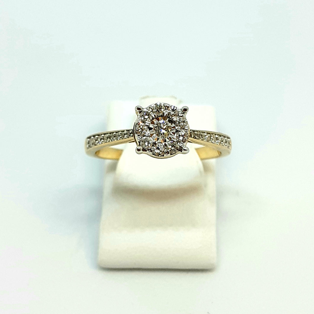 9ct Yellow Gold Diamond Halo Designer Ring - Product Code - G610