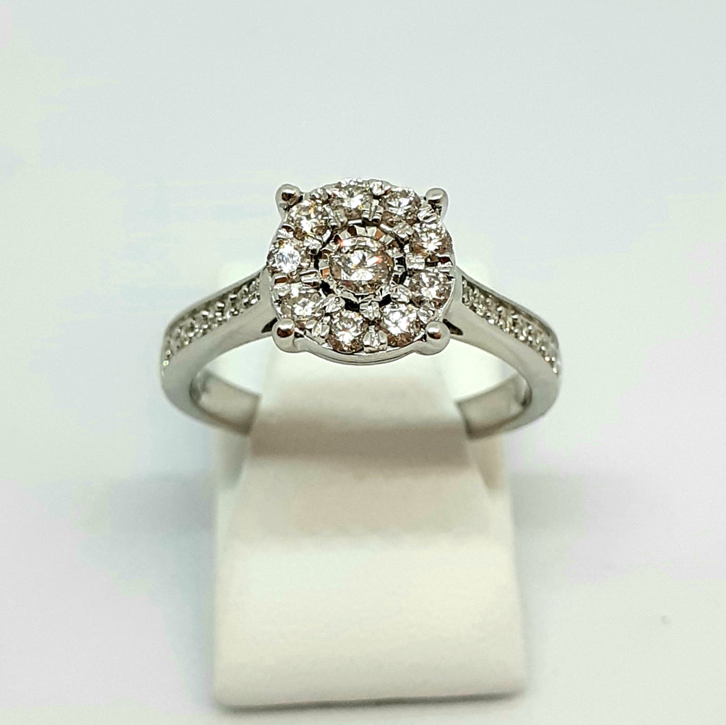 9ct White Gold Hallmarked Diamond Halo Designer Ring With Diamond Shoulder - Product Code - G588