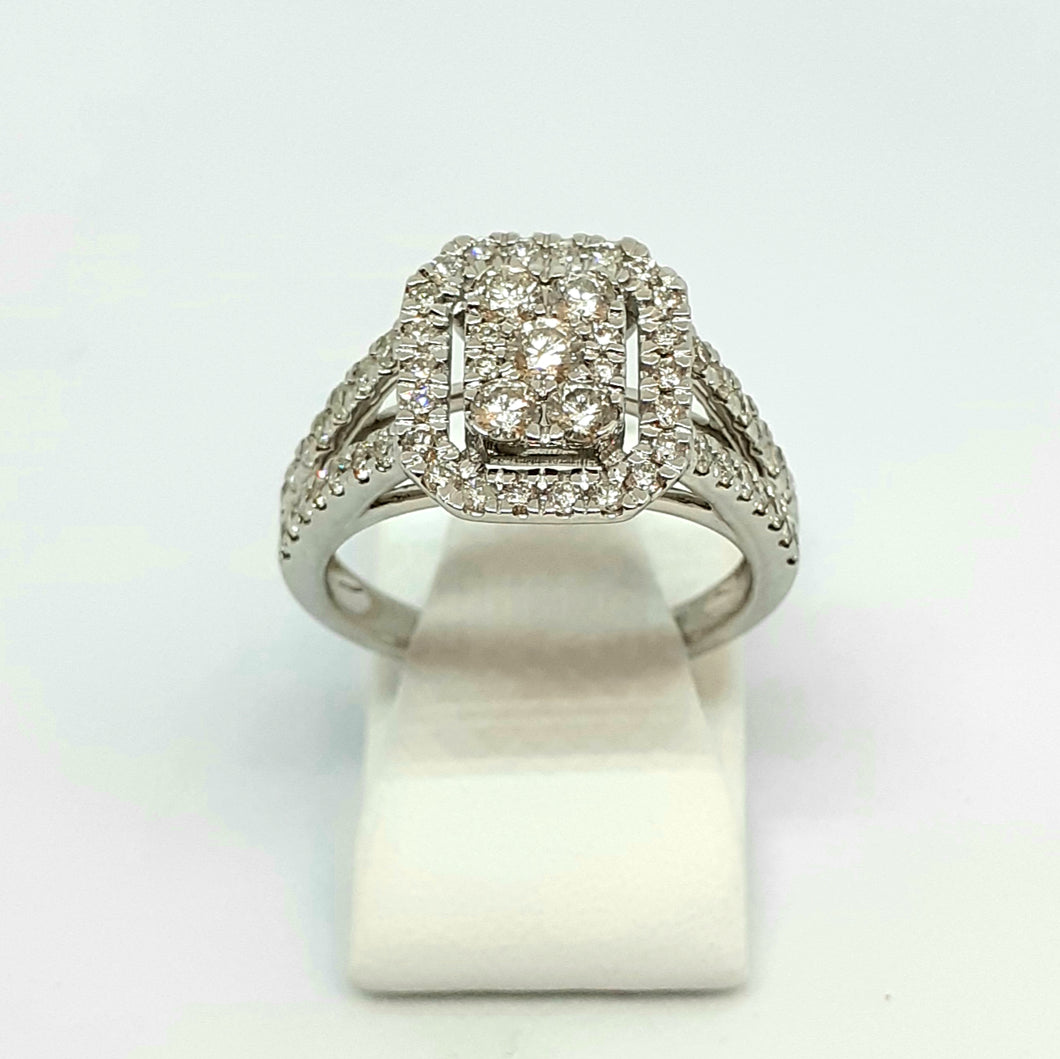 9ct White Gold Hallmarked Diamond Halo Designer Ring With Split Diamond Shoulders - Product Code - G581