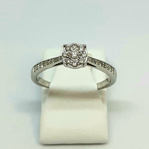 9ct White Gold Hallmarked Diamond Halo Designer Ring With Diamond Shoulders - Product Code - G609