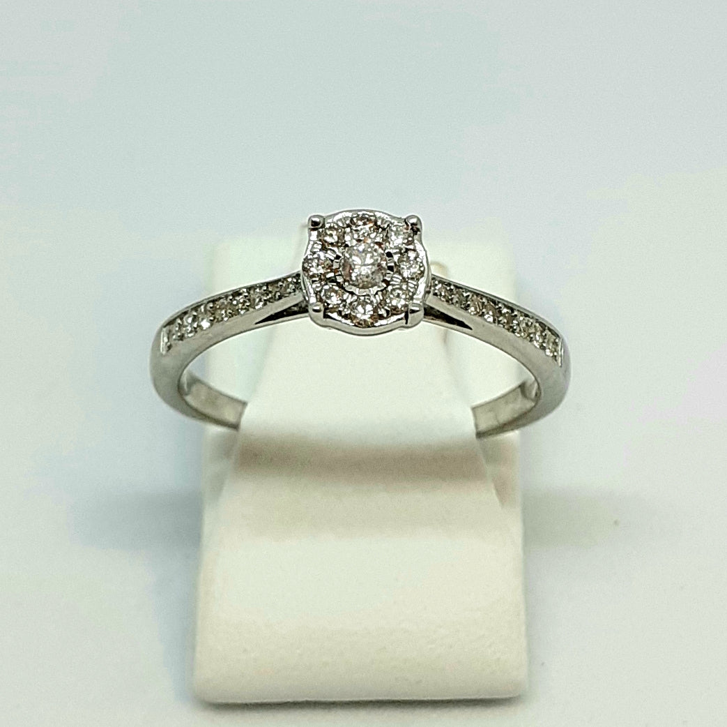 9ct White Gold Hallmarked Diamond Halo Designer Ring With Diamond Shoulders - Product Code - G609
