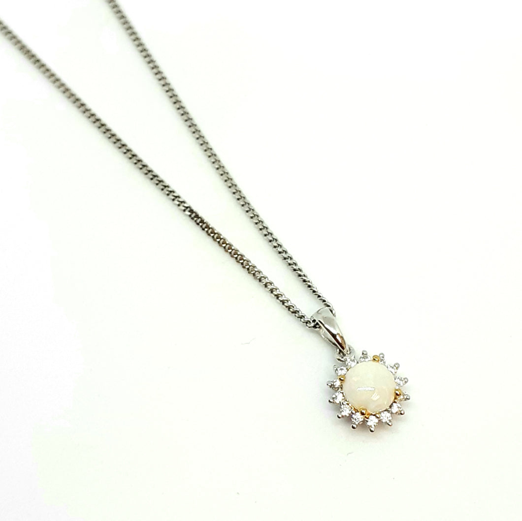 Silver Hallmarked Opal & Cubic Zirconia Pendant & Chain - A688