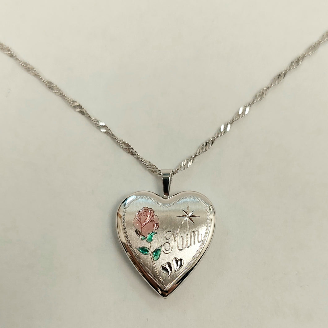 Silver Heart Mum with Rose Locket & Silver 18
