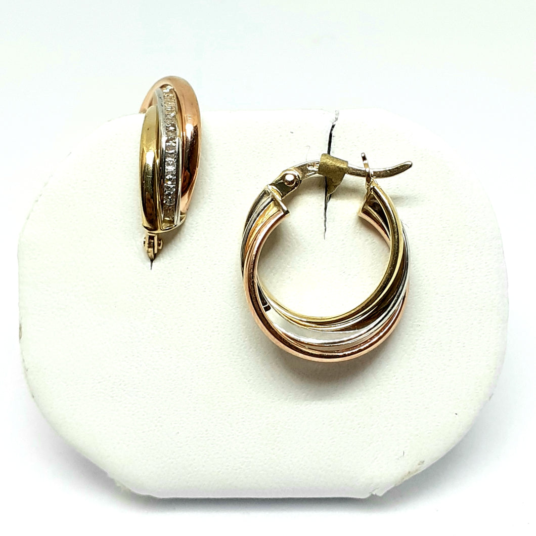 9ct Yellow, White & Rose Gold Hallmarked Hoop Earrings - Product Code - VX537