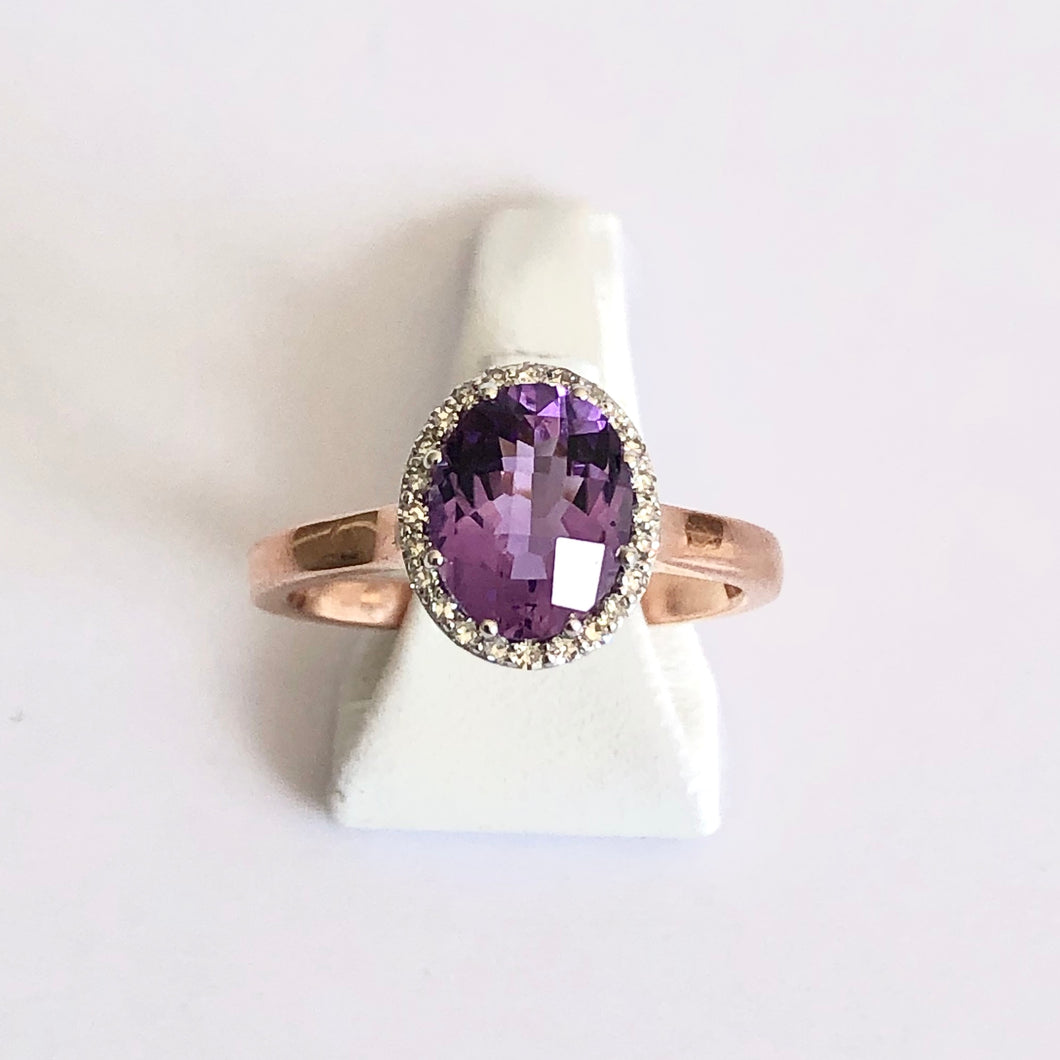 Rose Gold Hallmarked Amethyst & Diamond Ring - Product Code - A326