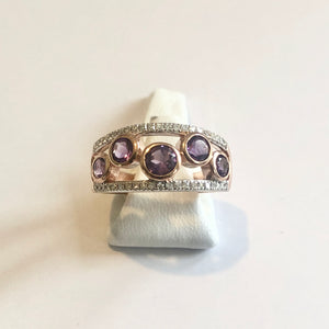Rose Gold Hallmarked Amethyst & Diamond Band Ring - Product Code - H334