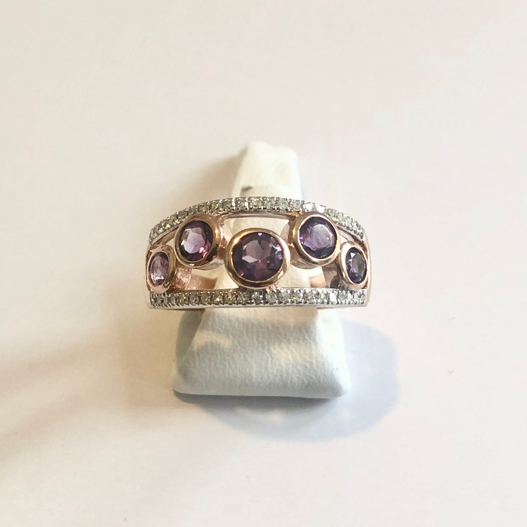 Rose Gold Hallmarked Amethyst & Diamond Band Ring - Product Code - H334