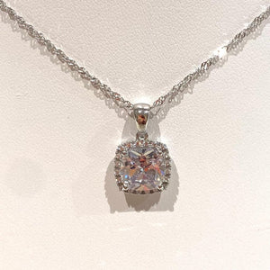 Cushion Shaped Stone Set White Gold Pendant & Chain - VX522