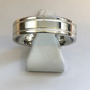 White Gold Mens Beaded Pattern Wedding Band Ring