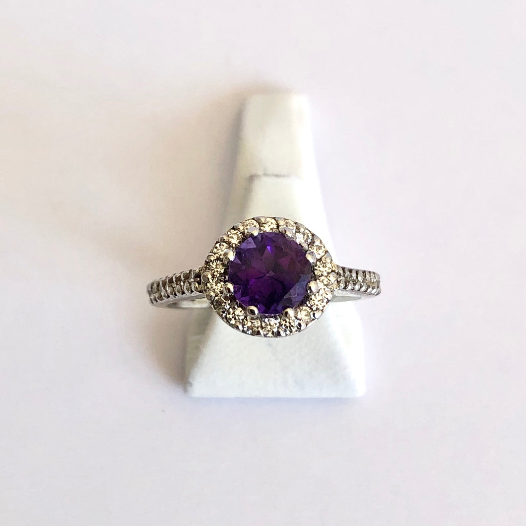 White Gold Hallmarked Amethyst & Cubic Zirconia Ring - Product Code - H22