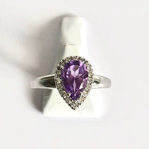 White Gold Hallmarked Pear Shaped Amethyst & Diamond Ring - Product Code - AA5
