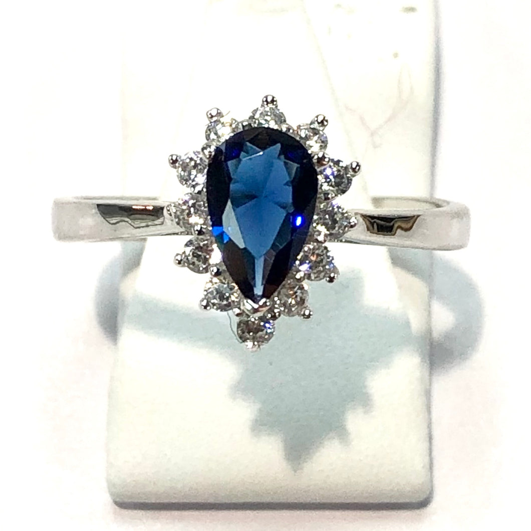 White Gold Hallmarked 375 Blue Pear Shaped Ring - Product Code - F856
