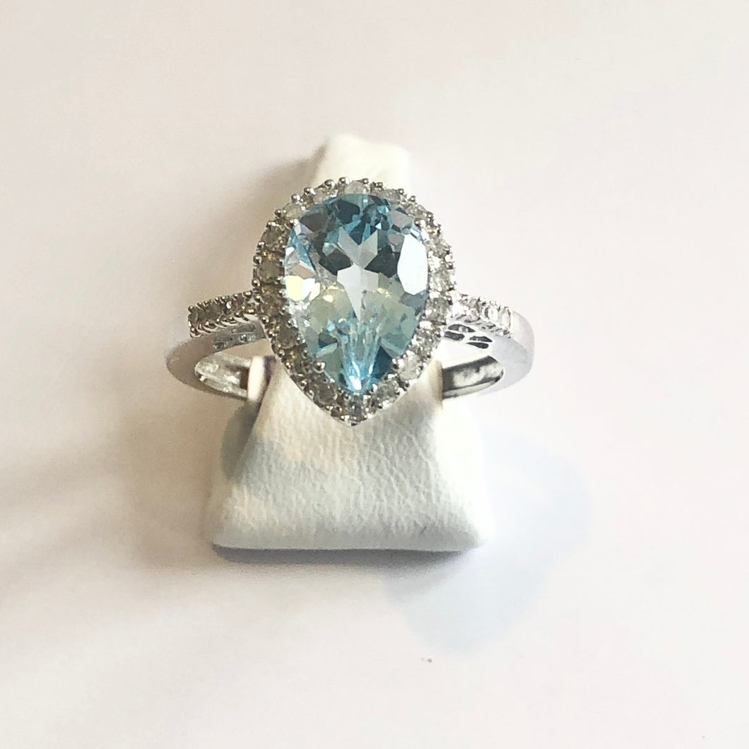 White Gold Hallmarked Blue Topaz & Diamond Ring - Product Code - VX897
