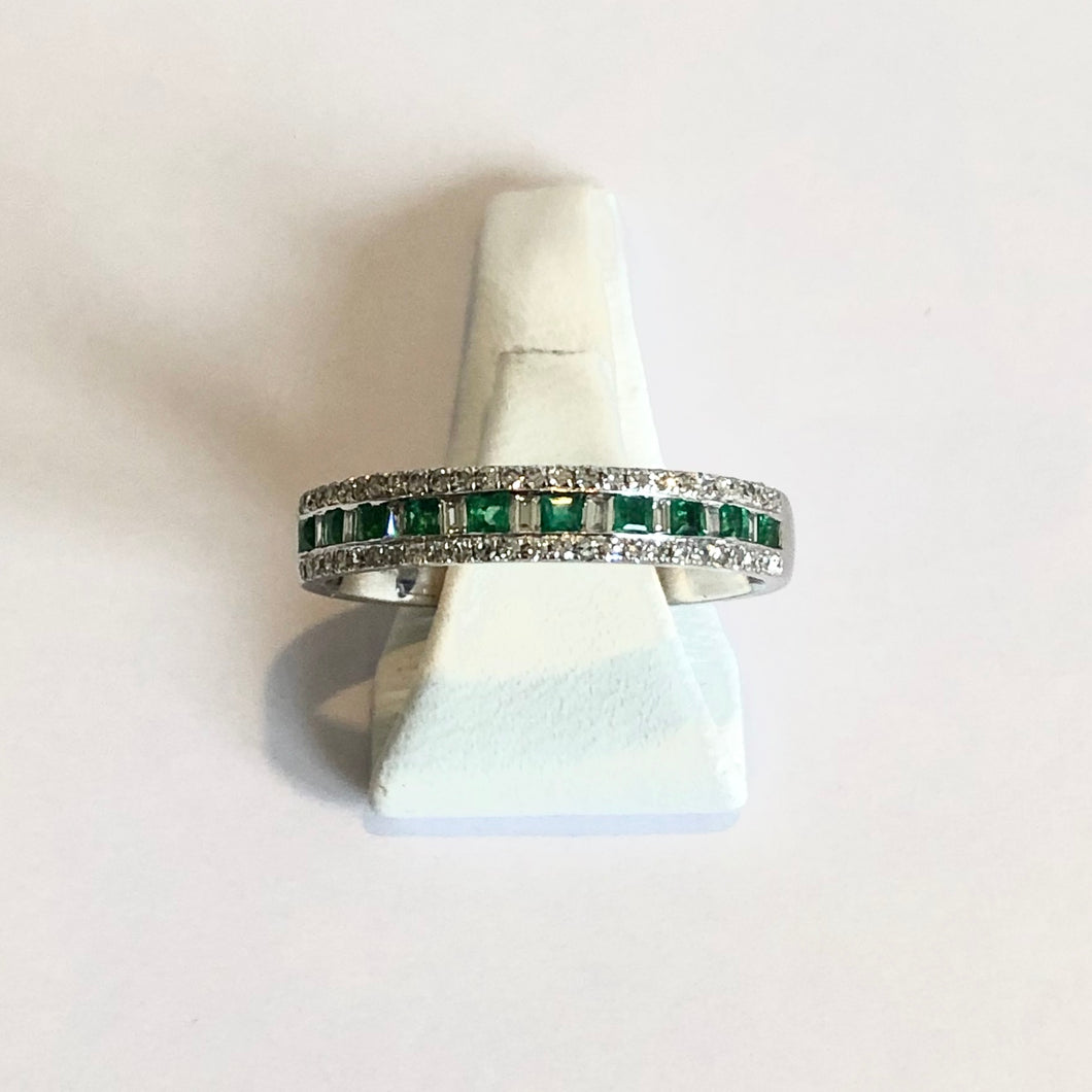 White Gold Hallmarked Emerald & Diamond Band Ring - Product Code - J307