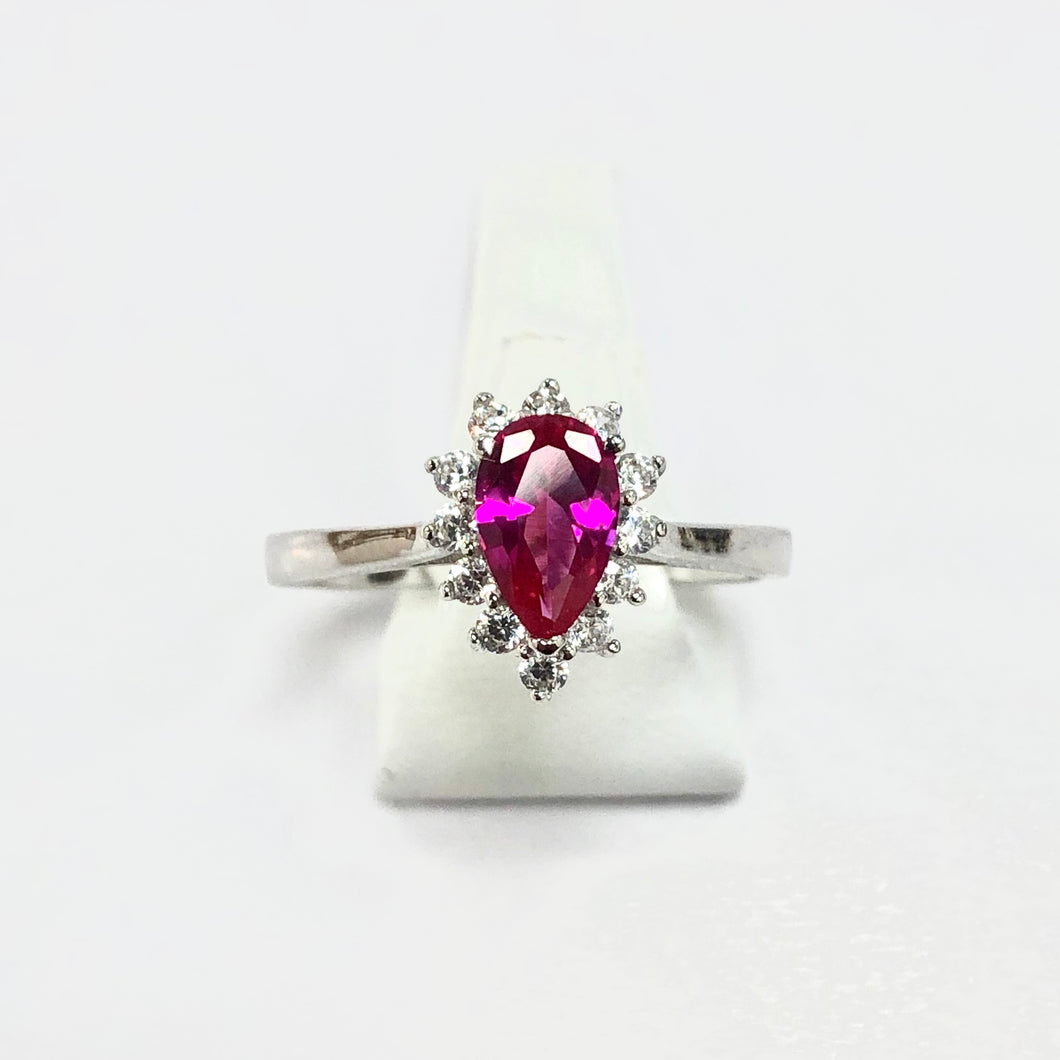 White Gold Hallmarked Red & White Stone Ring - Product Code - F199