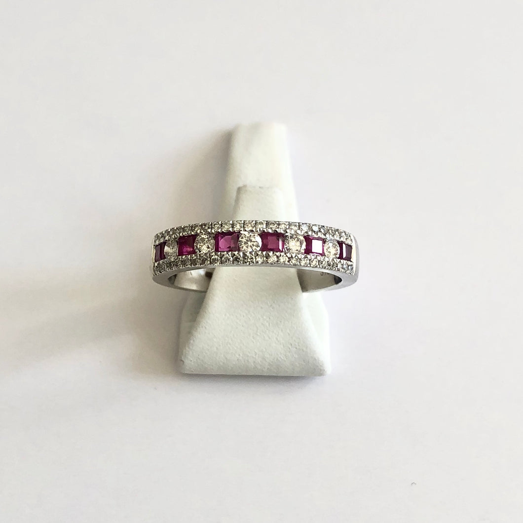 White Gold Hallmarked Ruby & Diamond Band Ring - Product Code - J466
