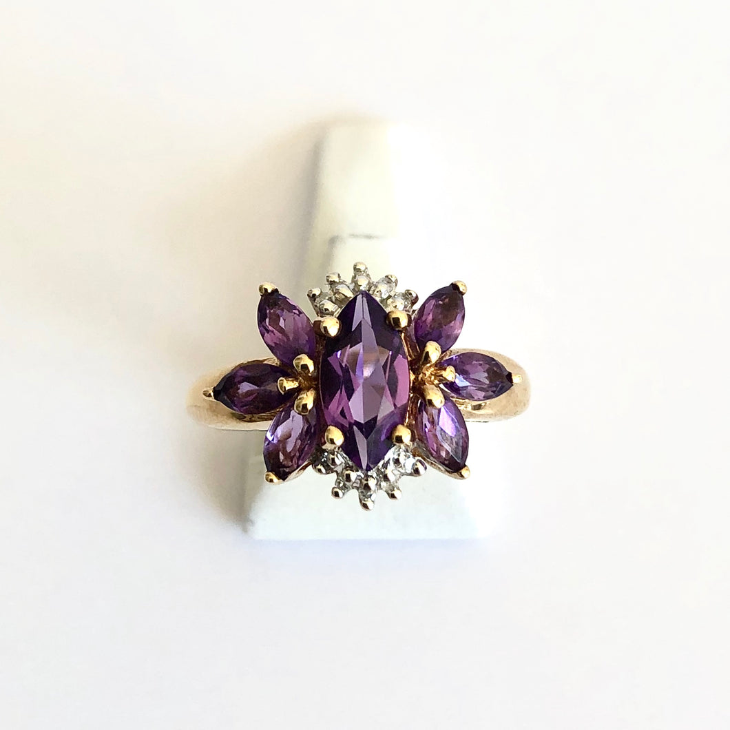 Yellow Gold Hallmarked Amethyst & Diamond Ring - Product Code - H16