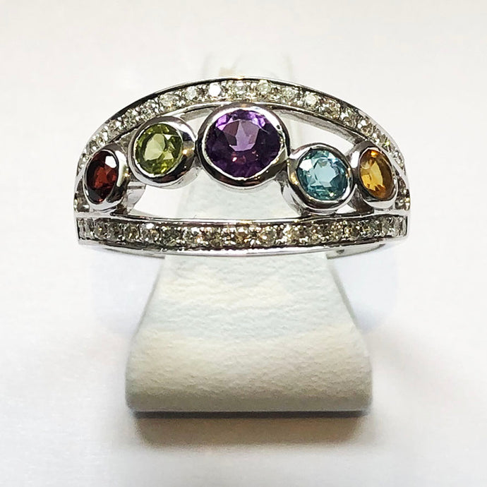 Diamond, Amethyst, Citrine, Blue Topaz and Peridot White Gold Ring